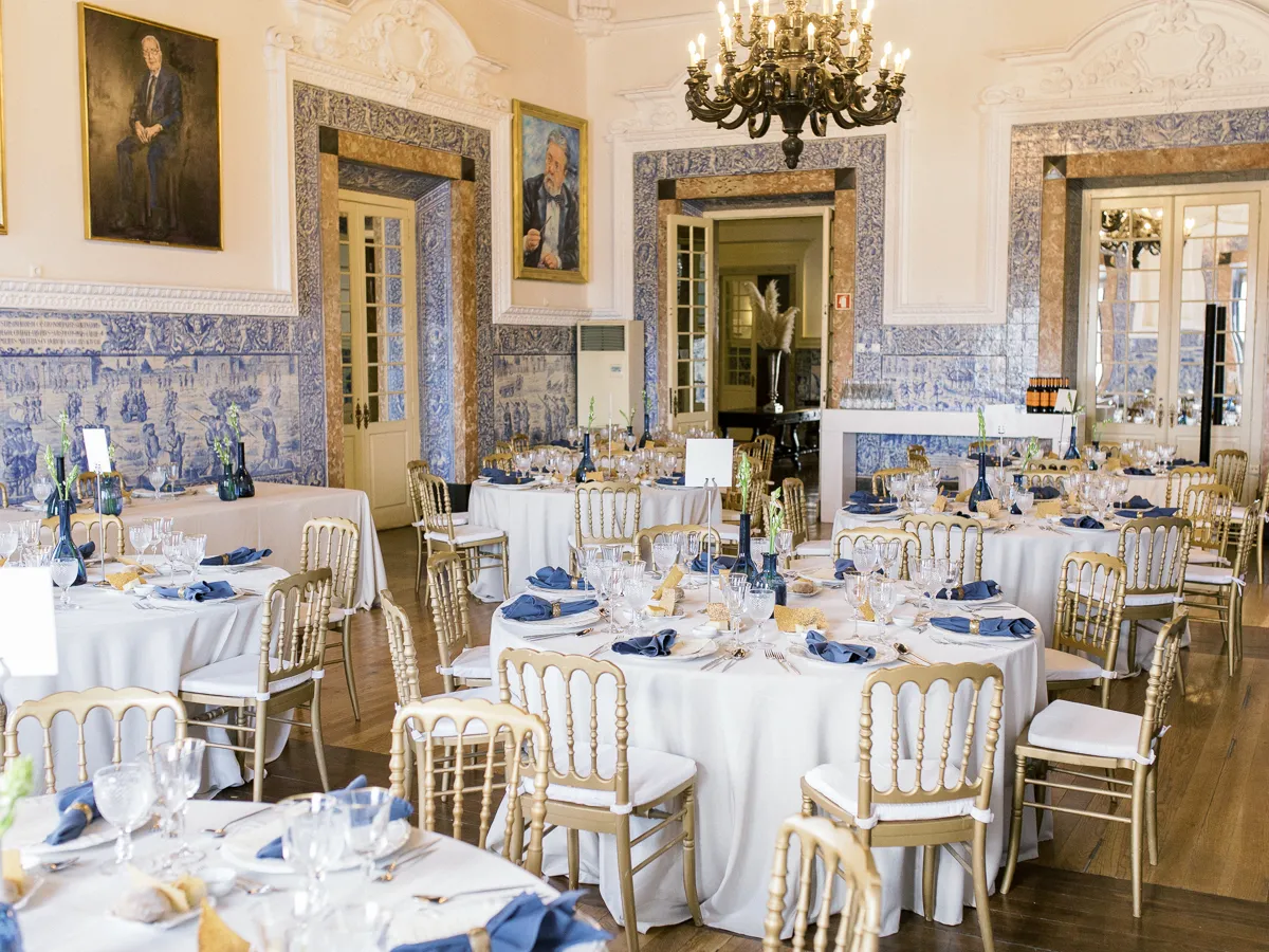 Banquet Hall set up for a wedding celebration at the Palace of the Red Cross in Lisbon, also known as Palácio da Rocha Conde de Óbidos - 064 20230506 c+k csmt